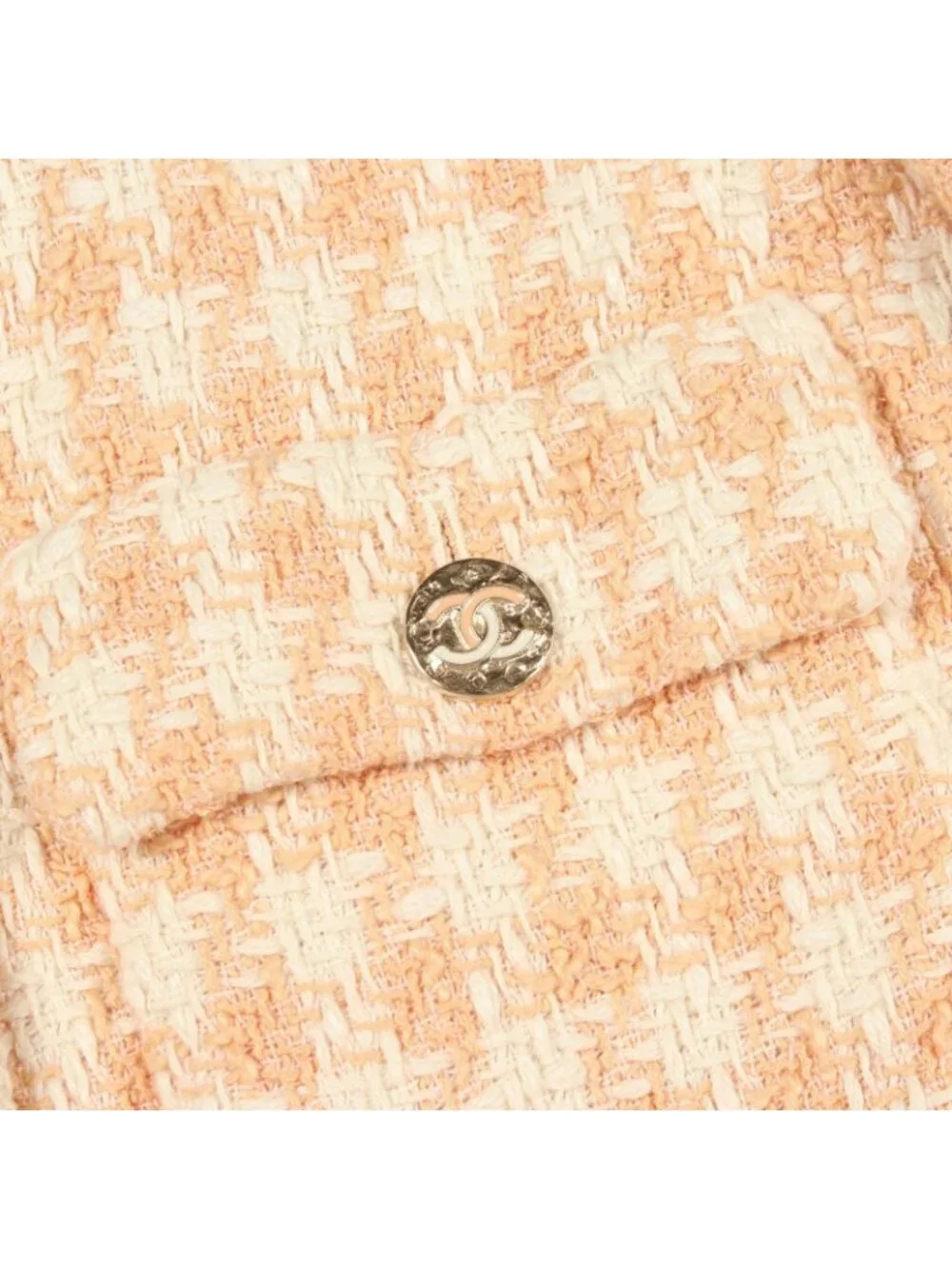 Chanel Collarless Jacket CC Logo Button Houndstooth Tweed Orange Cotton